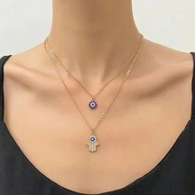 2pcs Eye Of & Multi Layered Design & Bling Rhinestone Decor Women'S Everyday Wear Necklace - Gold - View 2