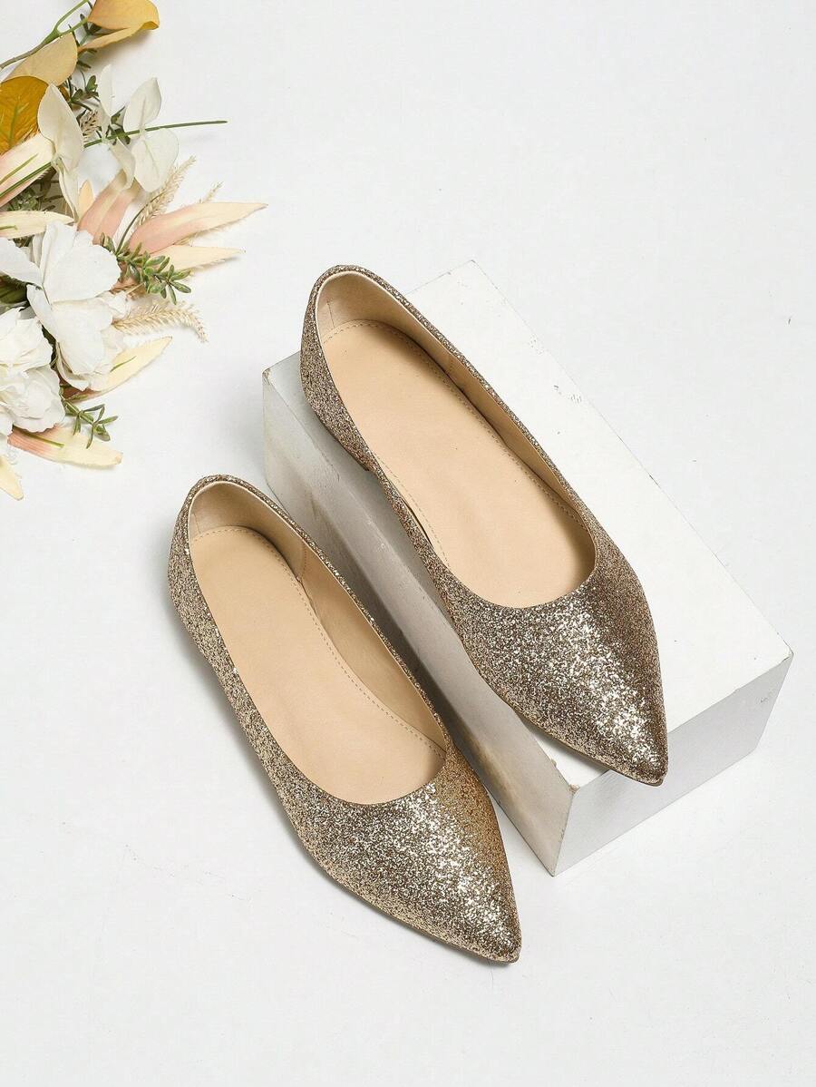 Women Metallic Point Toe Ballet Flats, Glamorous Outdoor Glitter Flats - Gold - View 1