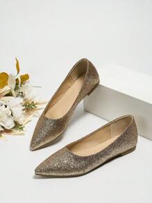 Women Metallic Point Toe Ballet Flats, Glamorous Outdoor Glitter Flats - Gold - View 2