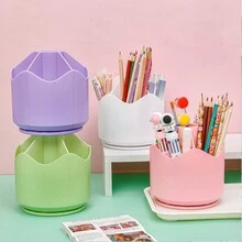 1pc Simple & Large Capacity Rotating Pen Holder & Makeup Organizer With Multiple Compartments For Office & Students' Stationery & Desktop Storage - Green - View 6