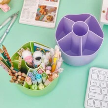 1pc Simple & Large Capacity Rotating Pen Holder & Makeup Organizer With Multiple Compartments For Office & Students' Stationery & Desktop Storage - Green - View 5