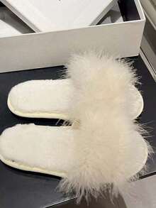 女士秋冬季毛绒拖鞋新款平底拖鞋高档女士百搭拖鞋 - 米色 - 查看 3