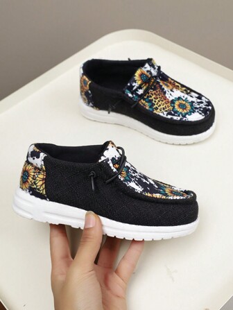 兒童休閒向日葵印花運動鞋，透氣帆布跑步鞋，低幫運動休閒鞋