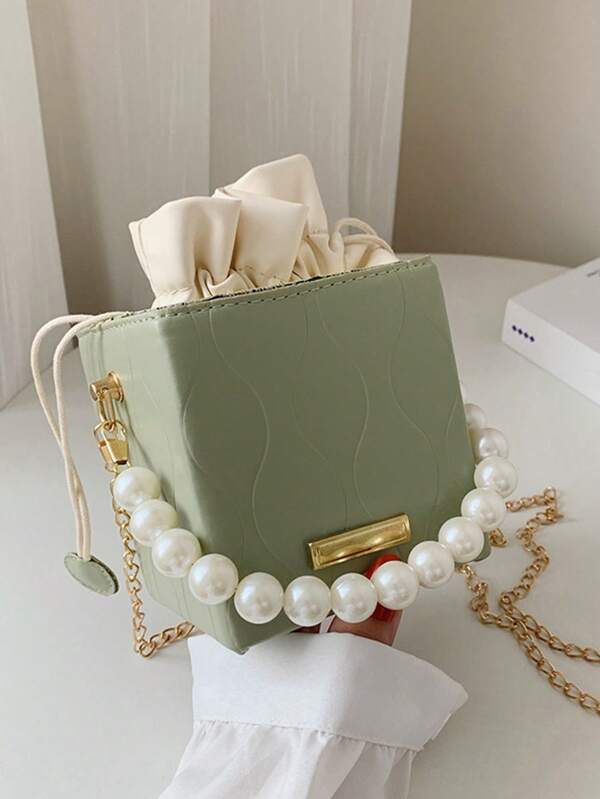 Mini Faux Pearl Drawstring Box Closure Handbag, Fashion Drawstring Pouch