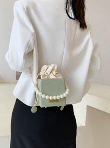 Bolso de mano con cierre de cordón y perlas falsas, bolsa de cordón de moda - verde menta - Ver 7