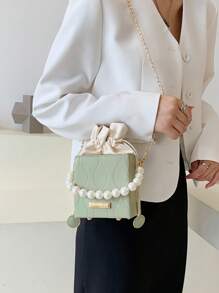 Bolso de mano con cierre de cordón y perlas falsas, bolsa de cordón de moda - verde menta - Ver 8