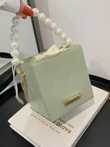 Bolso de mano con cierre de cordón y perlas falsas, bolsa de cordón de moda - verde menta - Ver 4