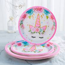 独角兽派对用品套装，7/9 英寸粉色独角兽和花朵图案一次性纸盘，独角兽生日派对纸巾，独角兽盘子派对用品，圣诞节 - 彩色 - 查看 3