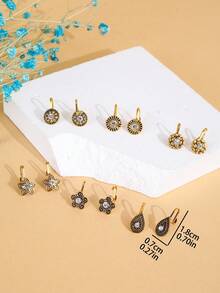 1盒12个装多图案铜合金尖钻个性化复古风格无穿孔女士鼻钉鼻环 - 金黃色 - 查看 5