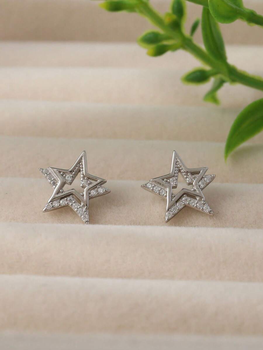 1 對時尚簡約 925 銀人造星星耳釘作為少女生日禮物 - 銀色 - 查看 1