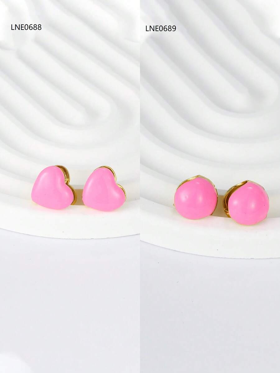 1 對簡單甜美粉紅色圓形和心形吊墜耳環適合女孩、女士,非常適合日常佩戴、節日或約會禮物 - 金黃色 - 查看 1