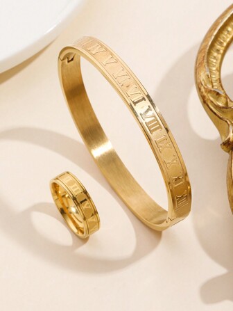 2入組/套不鏽鋼羅馬數字戒指和手鍊珠寶套裝,適用於日常裝飾或作為禮品