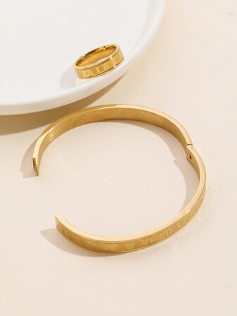 2入組/套不鏽鋼羅馬數字戒指和手鍊珠寶套裝,適用於日常裝飾或作為禮品