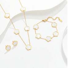 4pcs Fashionable Stainless Steel Double-Sided Mother-Of-Faux Pearl Five-Leaf Clover Single Flower Necklace Women's Bracelet Earrings 18k Gold Simple Pendant High-End Clavicle Chain Set Valentines,Mom,Mother,Mother's Day,Gift