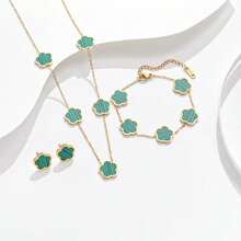 4pcs Fashionable Stainless Steel Double-Sided Mother-Of-Faux Pearl Five-Leaf Clover Single Flower Necklace Women's Bracelet Earrings 18k Gold Simple Pendant High-End Clavicle Chain Set Valentines,Mom,Mother,Mother's Day,Gift