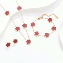 4pcs Fashionable Stainless Steel Double-Sided Mother-Of-Faux Pearl Five-Leaf Clover Single Flower Necklace Women's Bracelet Earrings 18k Gold Simple Pendant High-End Clavicle Chain Set Valentines,Mom,Mother,Mother's Day,Gift