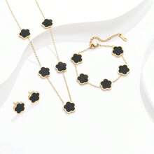 4pcs Fashionable Stainless Steel Double-Sided Mother-Of-Faux Pearl Five-Leaf Clover Single Flower Necklace Women's Bracelet Earrings 18k Gold Simple Pendant High-End Clavicle Chain Set Valentines,Mom,Mother,Mother's Day,Gift