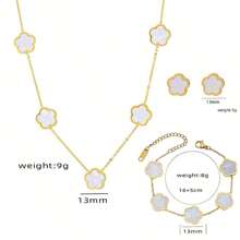 4pcs Fashionable Stainless Steel Double-Sided Mother-Of-Faux Pearl Five-Leaf Clover Single Flower Necklace Women's Bracelet Earrings 18k Gold Simple Pendant High-End Clavicle Chain Set Valentines,Mom,Mother,Mother's Day,Gift