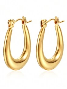 一對時尚百搭的橢圓形不銹鋼耳環,適合女士日常佩戴 - 金色 - 查看 6