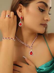 1 Set modischer, personalisierter Schmuckset aus Kupfermaterial mit vollständigem Diamantbesatz, bestehend aus Halskette, Ohrrringen, Armband und Ring