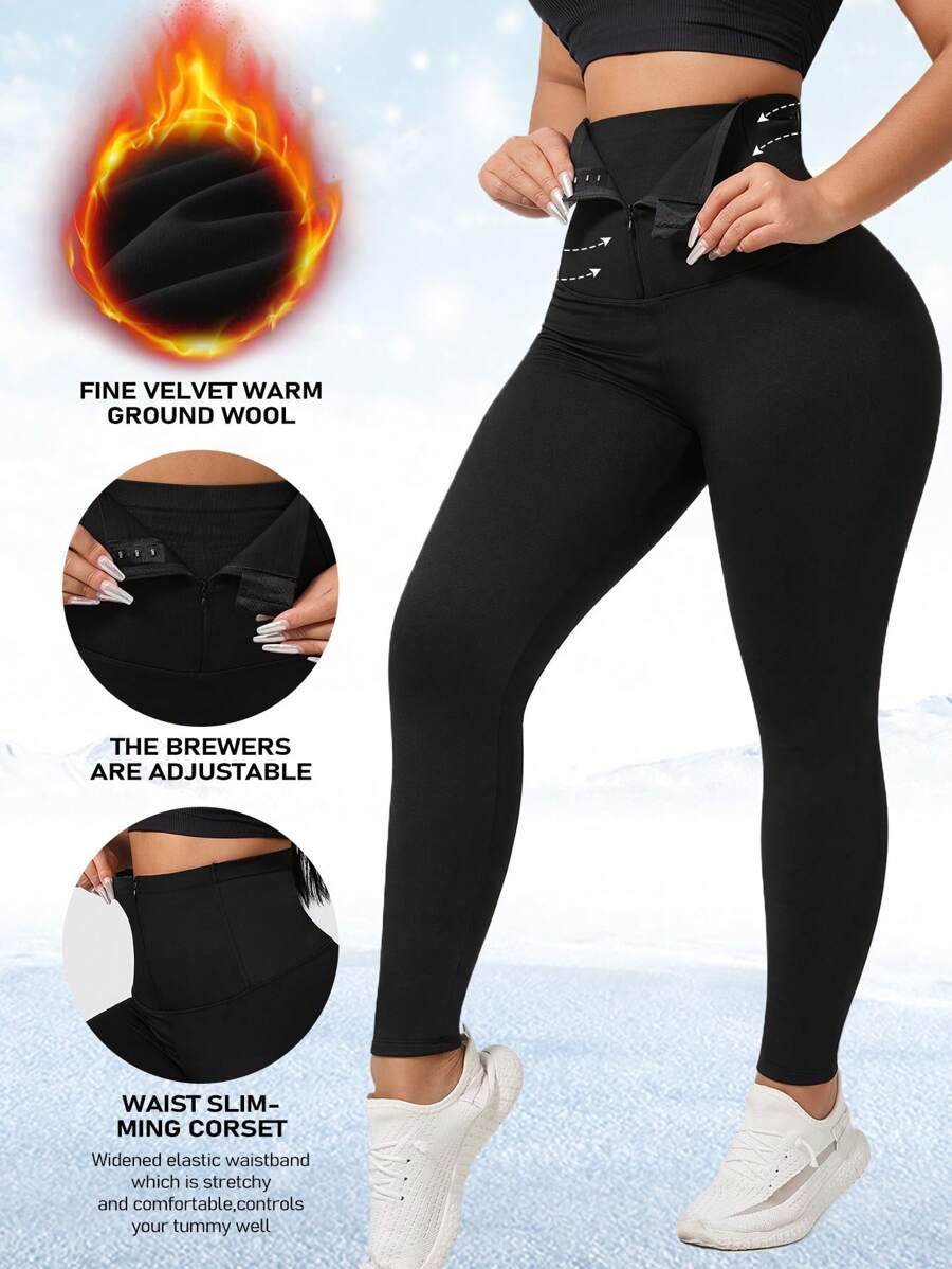 Fleece Lined High Waist Button Closure Waist Cincher Leggings, Winter SHEIN USA