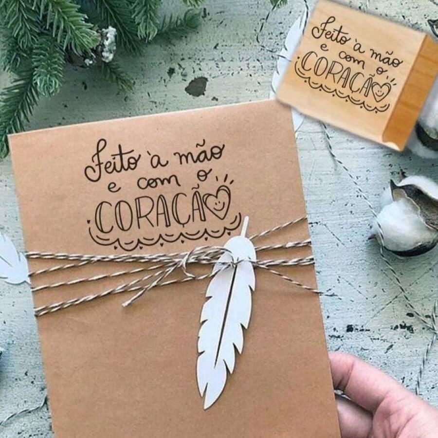 Carimbo feito a mão e com o coração decorativo para embalagens - Damasco - Visão 1