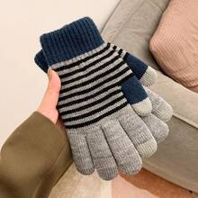 1對女款多色冬季手套，編織與編織製成，簡約條紋觸控設計，適用於日常穿著和戶外活動保暖 - 彩色 - 查看 2