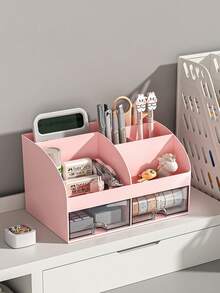 1pc Desktop Stationery Storage Box For Student, Office, Dormitory, Organizer, With Several Compartments - Pink - View 1