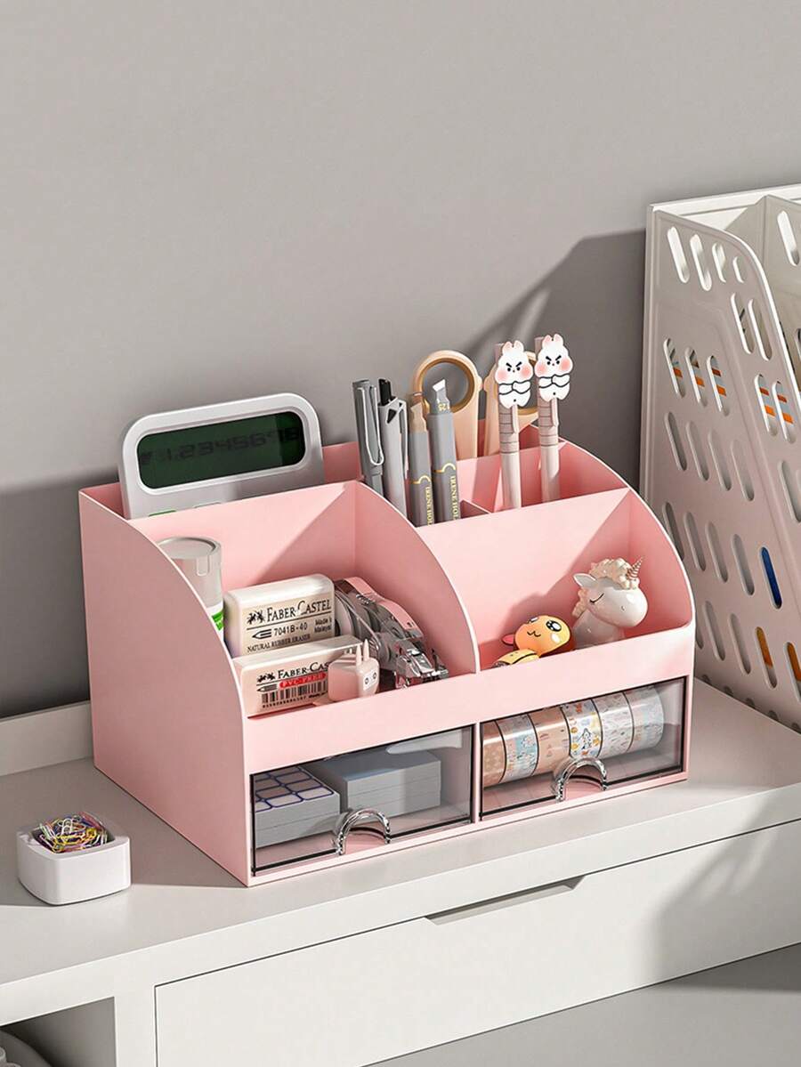 1pc Desktop Stationery Storage Box For Student, Office, Dormitory, Organizer, With Several Compartments - Pink - View 1