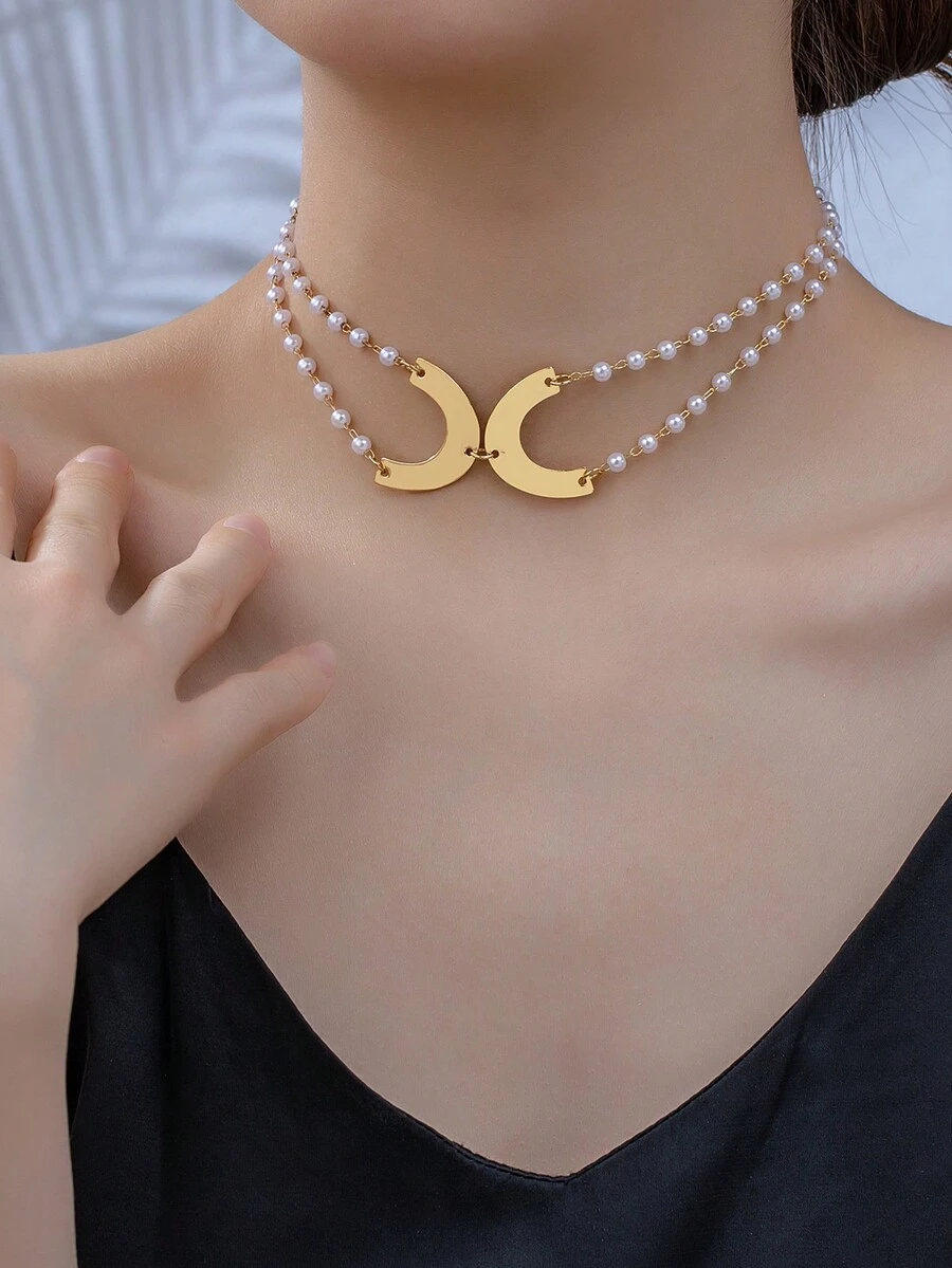 1pair Fashionable Asymmetric Beaded & Pearl Stud Earrings For Women - Yellow Gold - View 1