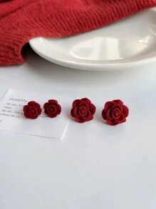 一對復古編織天鵝絨製玫瑰女耳環 - 酒紅色 - 查看 2