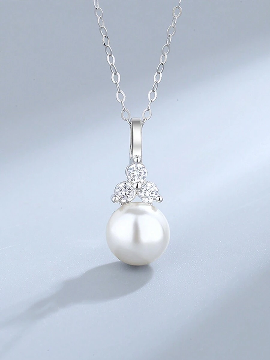 1條精美方形鋯石珍珠銀項鍊，適用於女性結婚禮品或裝飾鮮花節慶 - 銀色 - 查看 1