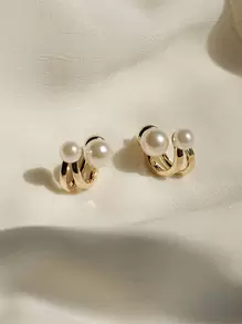 Tkool 1對可變換人造珍珠耳環,復古法式優雅女士珠寶配飾 - 金黃色 - 查看 4