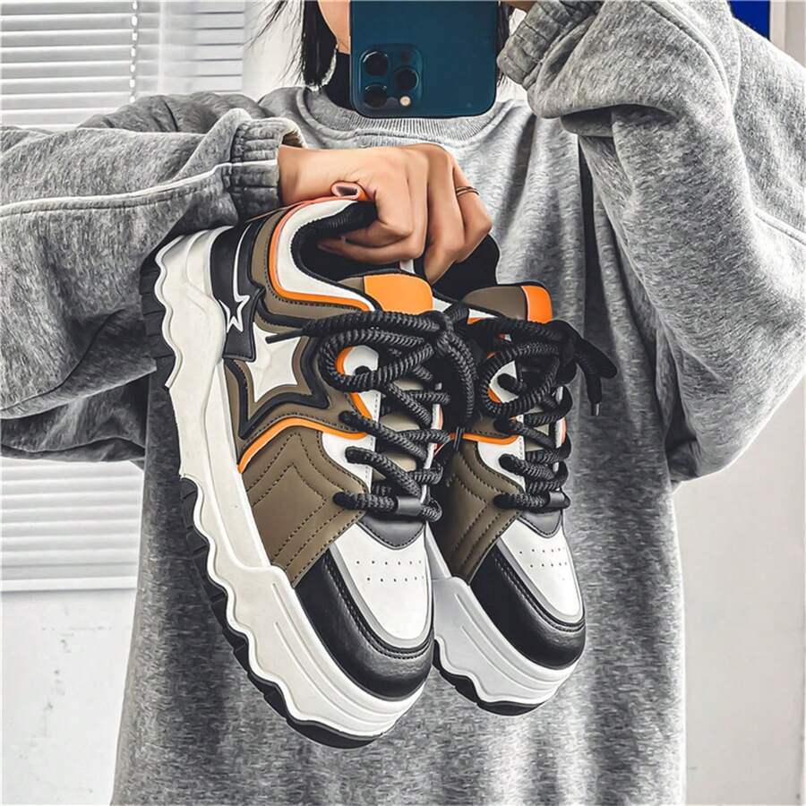1pair New Men's Casual Shoes Fashionable Skate Shoes Sports Shoes For Students - Brown - View 1
