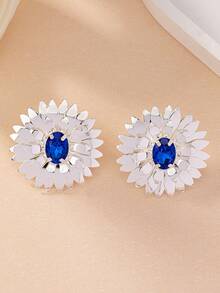 1pair Fashionable & Minimalist 3d Layered Design Vintage Metallic Stud Earrings With Micro Inlay For Women's Daily Wear - Royal Blue - View 3