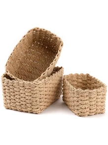 Pequeñas Canastas De Mimbre Para Organización, Cajas Contenedoras Suaves De Papel Torcido Para Almacenamiento, Para Estantes De Tocador, Baño Y Habitación, Juego De 3 Canastas Cuadradas Apilables Tejidas (beige, Sin Olor) - Beis - Ver 1