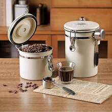 304 Stainless Steel Coffee Bean Storage Canister + 30ml Measuring Spoon, One Way Exhaust Coffee Powder Container - Beige - View 2