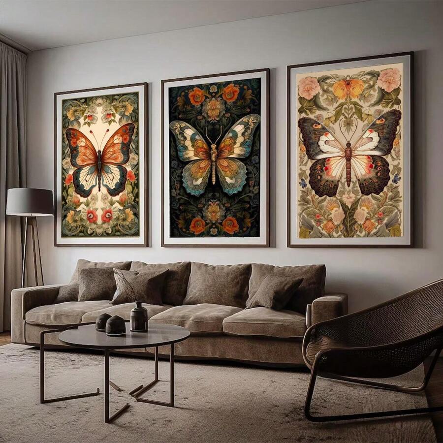 Butterfly Wall Art 3 Piece Print Set, Vintage Museum Exhibition Art