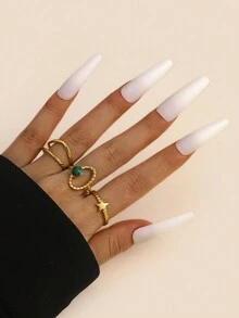3入組黃色五角星形狀不鏽鋼戒指,帶有綠松石的開口可調整指環尺寸,時尚簡約的女性戒指套裝,適用於日常裝飾 - 金黃色 - 查看 1