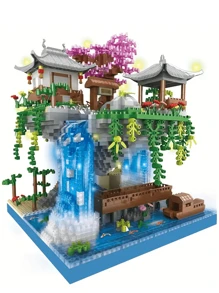 Weihnachtsdekoration Pfirsichblüten-Teich Micro Mini Bauklötzchen Set Chinesische berühmte Fabel Architekturmodell Wunderland Pfirsichblüten-Teich Bauklötzchen Spielzeug Selbstbau Dreidimensionales Puzzle zum Entspannen Heim Dekoration Ornament Geburtstagsgeschenk Einzelstück Raumdekoration