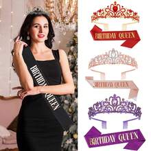 Birthday Girl Queen Crown And Sash  Rhinestone Tiara Set For Women Birthday Decoration Kit Headband For Girl Glitter Crystal Hair Accessories For Party Cake Topper - Silver - View 2