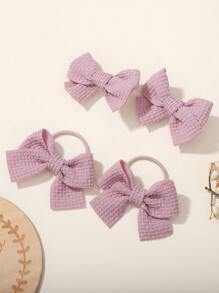 4 件純色和網格圖案可愛蝴蝶結織物髮帶套裝兒童髮飾 - 彩色 - 查看 2