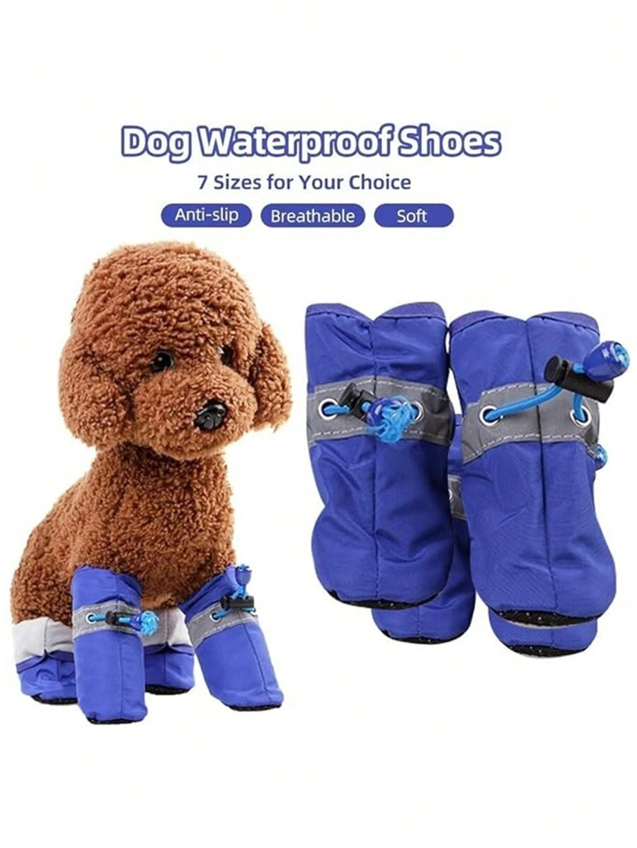 4入組狗鞋泰迪貴賓比熊瑪爾濟斯軟底雨鞋靴狗腳套防水寵物鞋秋冬款 - 藍色 - 查看 1