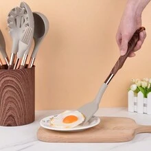 新款11入組仿木紋矽膠廚房用具套裝,不粘鍋耐熱烹飪勺子及鏟子,適用於家用 - 灰色 - 查看 3