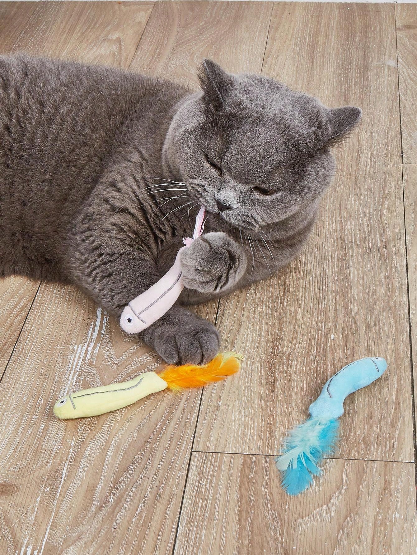 Plush Cat Toy With Real Feathers And Chicken Feathers, ThreeColored