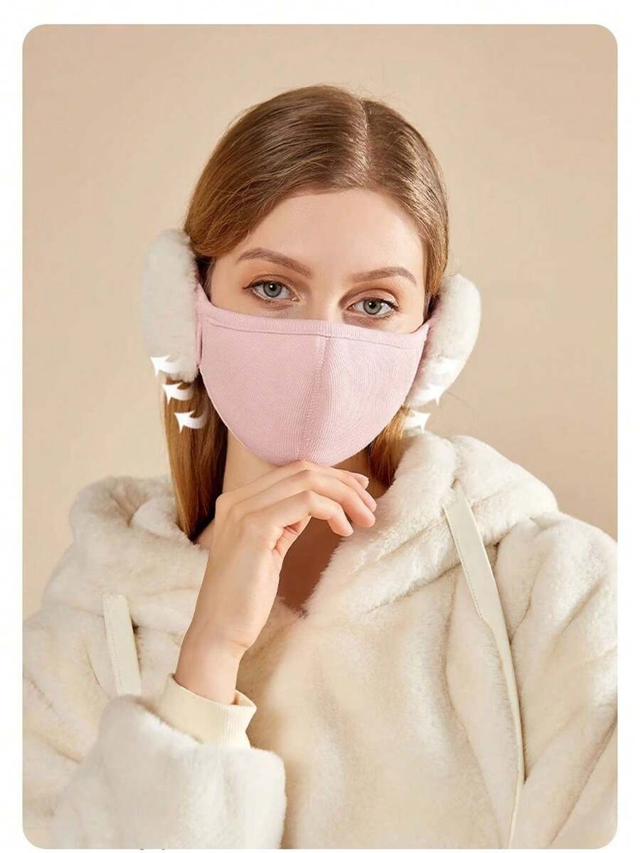 1個冬季女性加厚保暖毛絨毛絨耳罩,帶有透氣和防風口罩 - 粉色 - 查看 1