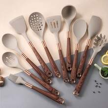 新款11入組仿木紋矽膠廚房用具套裝,不粘鍋耐熱烹飪勺子及鏟子,適用於家用 - 灰色 - 查看 5