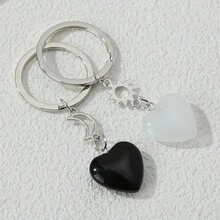 2入組心形石頭鑰匙扣(月亮和太陽),適用於錢包/背包/汽車鑰匙鎖匙扣,bff/情侶/情人節禮物 - 黑與白 - 查看 2