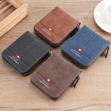 新款男士短款拉鍊錢包,綁邊設計,時尚四色拼接pu皮革多功能卡片套,可拆卸id證件套,壓扣格和拉鍊鈔票位,非常適合旅行使用 - 卡其色 - 查看 4