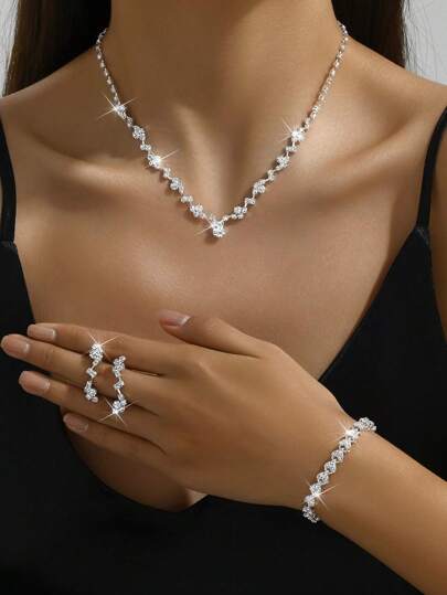 Juego De Joyas De Novia De Estilo Europeo Y Americano: Collar, Aretes, Brazalete Y Anillo Incrustados De Cristal Y Diamantes De Imitación Para Fiesta De Bodas